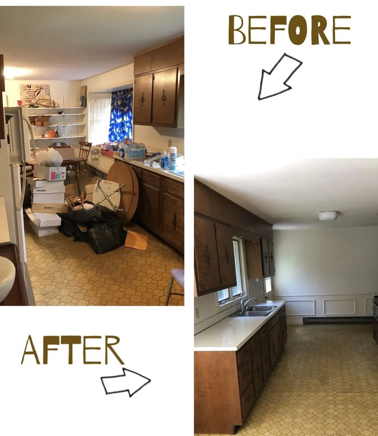 Kitchen Cleanout: Household items and clutter removed from the kitchen and adjoining living area.