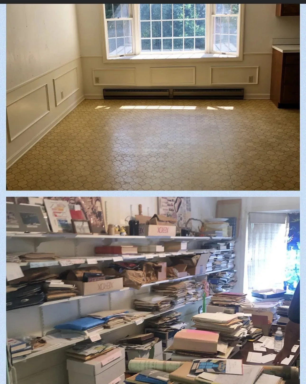 Home Office Cleanout: A crowded home office cleared of shelving, papers and stored belongings.